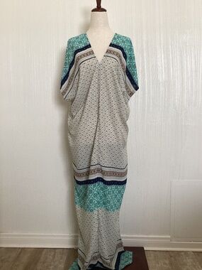 Vintage style caftan dress blue taupe M boho bohemian festival beach